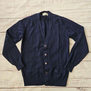 Vintage Braemar Navy Blue Cashmere Hand Knit Cardigan Sweater Mens Medium
